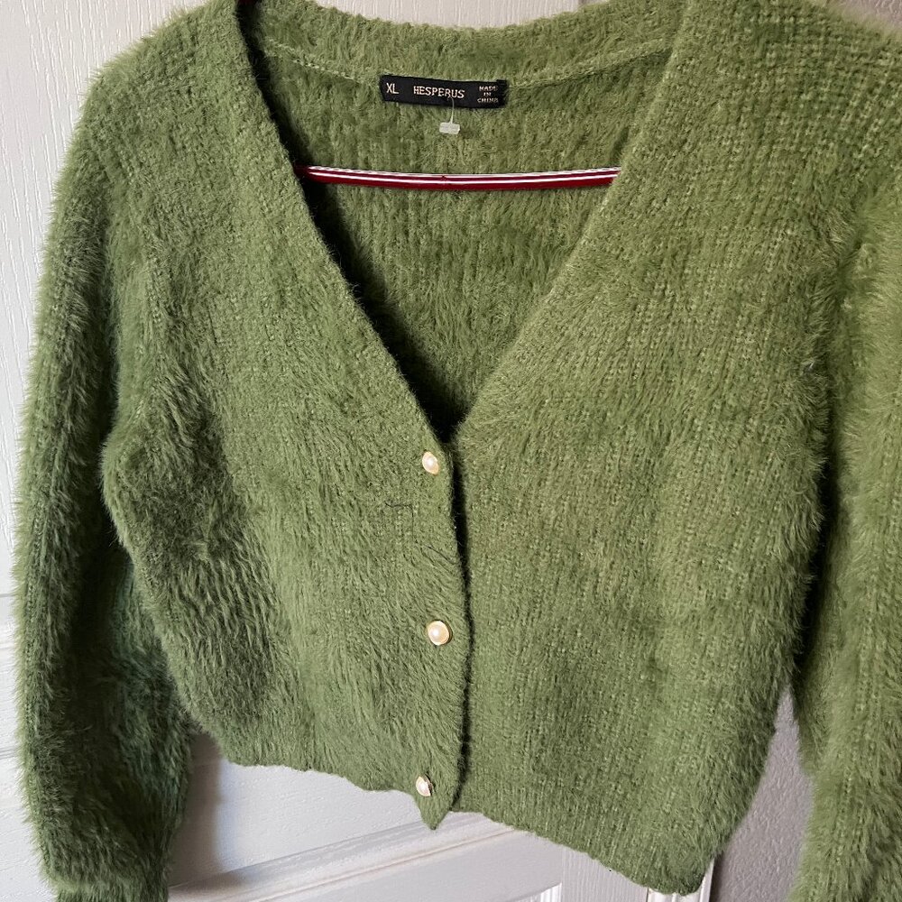 Hesperus Green Fuzzy Cardigan w/Pearl Buttons - Size XL